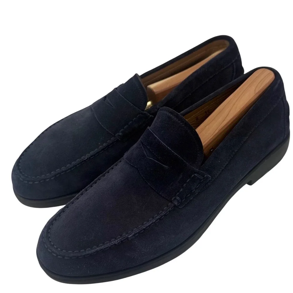 Salvatore Ferragamo Mens Navy Blue Suede Penny Loafers Moc Made in Italy 8 EE - Picture 6 of 10
